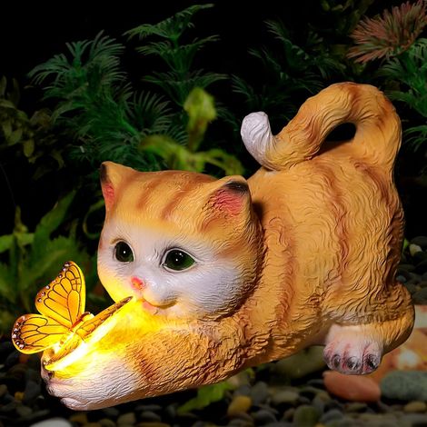 Statue de chat décorative pour jardin avec éclairage solaire – Statue d'extérieur pour les amoureux des chats, cadeau de crémaillère pour terrasse, pelouse, porche et jardin (1/5)