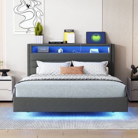 Lit rembourré 140x200 cm avec prise USB, lampe LED intégrée, tête de lit réversible, pieds cachés, tissu lin gris – lit adulte/enfant (1/4)