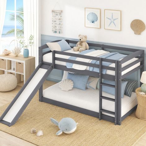 DESMIU Lit superposé enfant 90 × 200 cm avec toboggan, échelle réversible, sans matelas, en bois de pin, blanc (1/4)