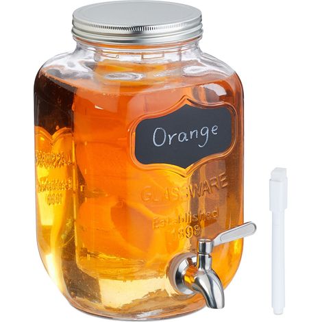 Relaxdays – Distributeur de boisson avec tube pour fruits ou glaçons – Robinet ergonomique – Couvercle pour protection – Acier inoxydable et verre – 4L