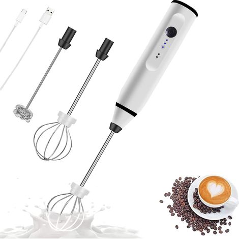 Mousseur à lait électrique portable rechargeable avec 2 fouets en acier inoxydable et mini-blender à 3 vitesses réglables