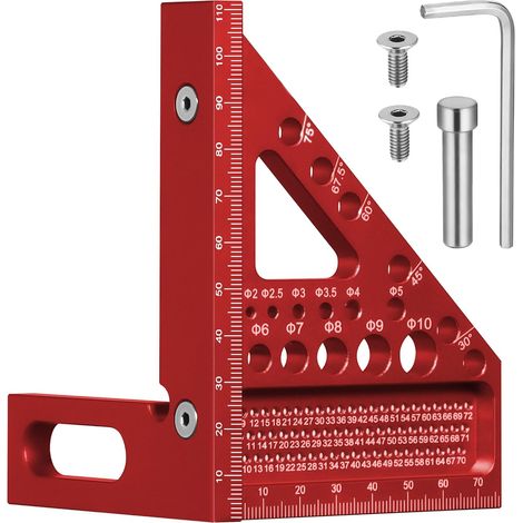 3D-Mehrwinkel-Zimmermannswinkel mit versteckten Stiften, 22,5–90 ° Aluminiumlegierung 3D-Quadrat mit 11 verschiedenen Arten von Lochbohrschablonen, präziser Zimmermannswinkel, rot (1/5)