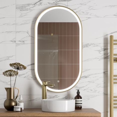 Aquari Oval LED Mirror Touch Designer Bathroom Demister Mains Brushed Brass 550x1000mm (1/4)