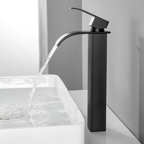 Robinet Salle de Bain Noir Cascade Moderne, Robinet Lavabo avec Bec Haut 180mm en Acier Inoxydable, Mitigeur Lavabo Eau Chaude Froide pour Salle de Bain (Noir) (1/5)