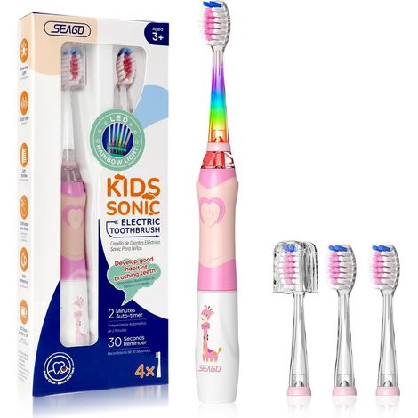 brosse à dents électrique enfant avec LED colorée, minuteur 2 Min, 4 têtes remplaçables, brosse a dent enfant pour 3-12 ans, SG977 (Rosa) (1/5)
