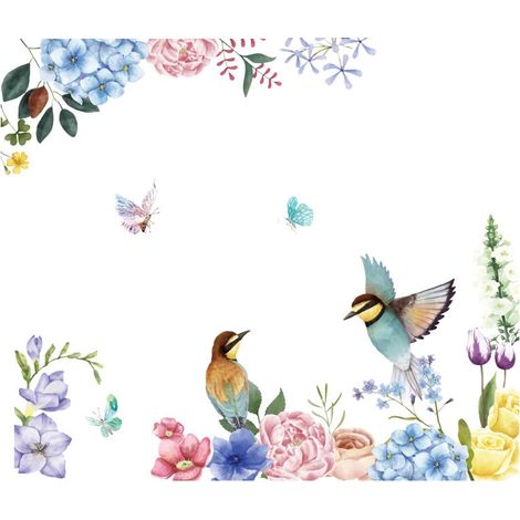 Sticker mural Oiseaux et Fleurs à l'encre (Dimensions : 110 cm x 94 cm) (1/5)