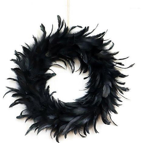 Couronne de plumes naturelles de 40 cm (15,7 po) pour porte d'entrée, couronne de plumes noires, décor effrayant, cadeaux de fête pour porche, cheminée, fenêtre, mur, intérieur ou extérieur (1/5)