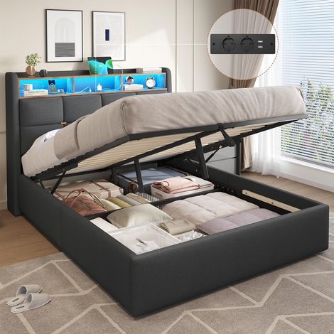 Lit Coffre 140x190 avec Sommier,Lumières LED et Prise Cadre de Lit 140x190 avec Rangement,lit 2 Personnes 140 x 190 avec Tete de Lits,Lits Rembourré en Lin pour Adulte,Gris Foncé-sans Matelas (1/5)