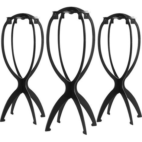 Soporte plegable pelucas (para cabello corto), Soporte portátil de plástico exhibición de cabezas de peluca, color negro, paquete de 3 unidades (1/5)