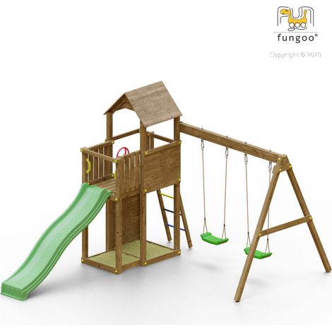 Fungoo Spielturm "Boomer 3", teak, mit Rutsche, Doppelschaukel, Leiter, Griffe, Kletterwand und Holzdach