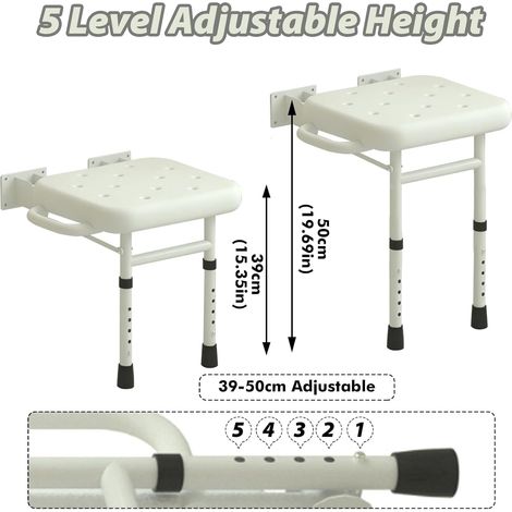 Asiento de ducha plegable de pared con patas de apoyo antideslizantes, orificios de drenaje, altura ajustable hasta 300 kg, taburete de ducha para personas mayores y embarazadas. (1/5)