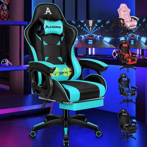 Gamingstuhl Bürostuhl 2-Punkt-Massage Fußstütze PU-Leder Cyan (1/5)