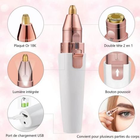 Épilateur Sourcil 2 en 1 Electrique Femme - - Rechargeable - Lumière LED - Tondeuse à Sourcils et Faciale (1/4)