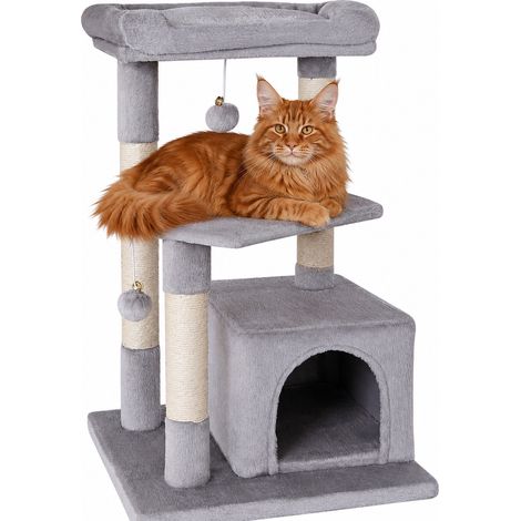 lionto Katzenkratzbaum 75 cm mit Höhle, Liegebett & Sisalfläche, kompakt & stabil, ideal für Spiel, Ruhe & Krallenpflege, hellgrau (1/5)