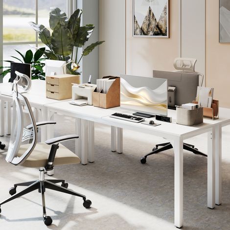 Bureau, bureau d'ordinateur 180 cm avec grand plateau pour 2 personnes, pour travail à domicile ou étude, blanc (1/5)