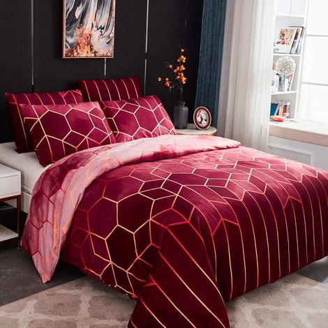 Sets Housse de Couette 200x200 cm avec 2 x Taies d'oreiller 50x70 cm,Mode Unique 3D Géométrique Imprimé Boho Microfibre Literie Parure de Lit Linge de Lit avec Fermeture Éclair pour 2 Personnes,Rouge (1/5)