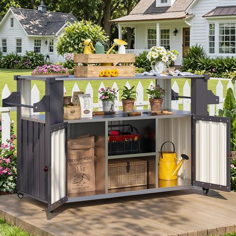 YODOLLA Outdoor Kitchen Island, Rolling Bar Cart Storage Cabinet, Garage Tool Cupboard with 2 Door, Lockable Wheels, 129cm