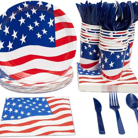 JOYIN Ensemble de vaisselle de 180 pièces pour la fête du 4 juillet : 30 assiettes, 30 serviettes, 30 gobelets en carton et 90 couverts en plastique. Idéal pour la fête nationale américaine, le Memori (1/4)
