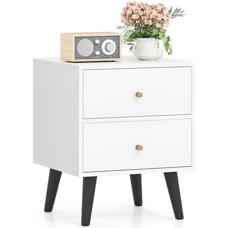 COSTWAY Mid Century Modern Bedside Table with Storage-White (1/5)