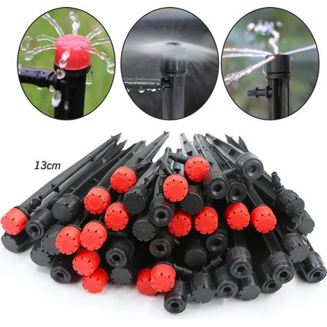 (30 pièces - 5 trous) 30 arroseurs goutte-à-goutte de jardin avec piquet de 13 cm, orientables à 360°, pour tuyau de 4/7 mm, pour l'arrosage des plantes bonsaï et des bonsaïs. (1/4)
