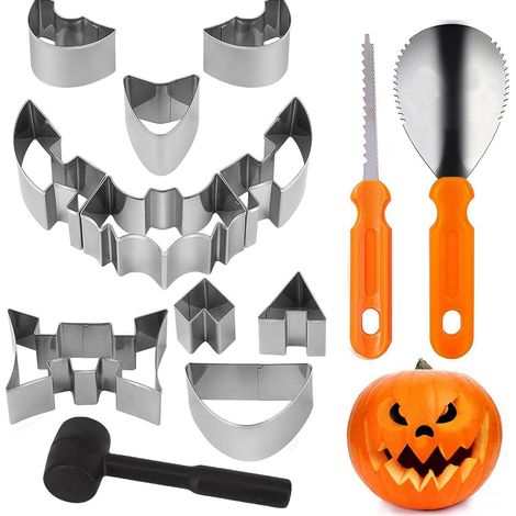 13 Pièces Kit Sculpture Citrouille Halloween Decoupe Pumpkin Carving Outil Sculpture de Citrouille avec Pochoirs Marteau pour Adulte Enfants (1/5)