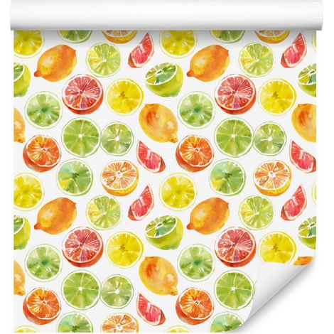 Papel pintado con estampado de limones, limas y naranjas para salón y dormitorio, 50x1000 cm. (1/5)