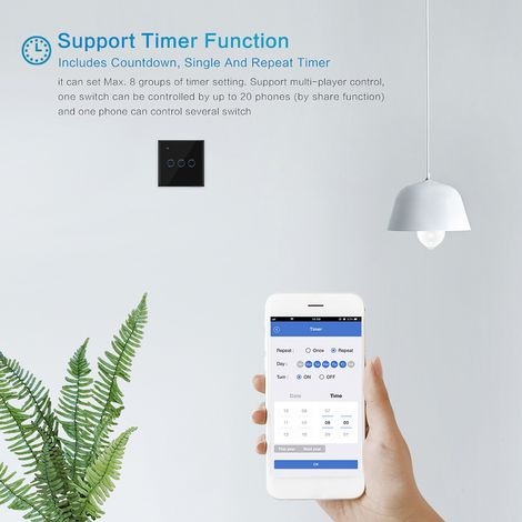 Interruptor Wi-Fi inteligente con control por voz Alexa, 1, 2 y 3 canales, blanco/negro, control por aplicación, pantalla táctil, carcasa de ABS y cristal templado, 2200 W, portátil. (1/4)