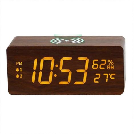 Calendrier multifonctionnel en bois à charge rapide 15 W avec contrôle de la température et de l'humidité, chargement sans fil et affichage LED (CloBrown) (1/5)