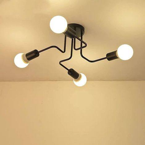 Plafonnier Luminaire Semi-Encastré Lustre Vintage Creative Suspension Industrielle Retro Semi Flush Mount E27 Métal Moderne 4 Lampes Chambre Enfant Salon Restaurant Noir (Sans ampoule) (1/5)