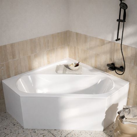 pack baignoire d'angle 140x140x54 cm avec tablier recoupable - blanc brillant - marina (1/5)