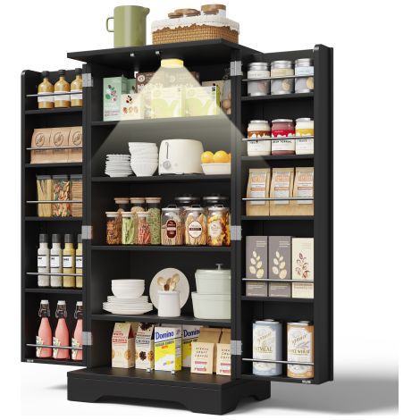 Meuble de cuisine avec éclairage LED à détecteur de mouvement, grand meuble de rangement à 2 portes avec étagères et compartiments de porte réglables – convient pour la cuisine, la salle à manger ou l