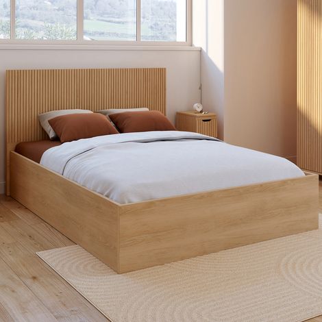 Cama de matrimonio JULIETTE con cabecero y somier de láminas efecto madera de 140 x 190 cm (1/5)