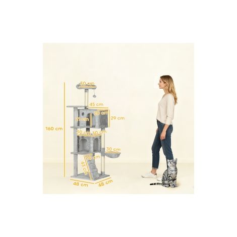 Arbre à chat 160 cm multi-niveaux en sisal avec niches, plateformes en peluche, hamac, échelle et balles pour salon et chambre (1/5)