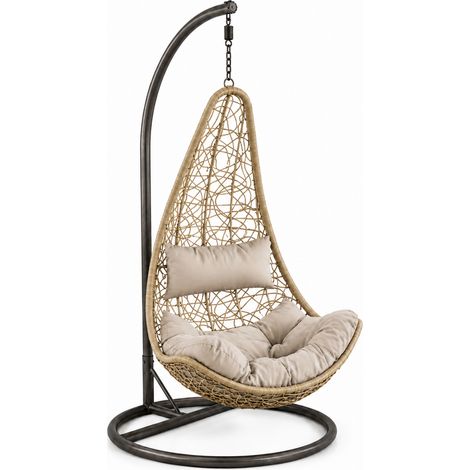 Poltrona Sospesa Da Giardino Con Struttura Autoportante In Metallo Seduta In Polyrattan E Cuscino Con Poggiatesta Arredo Outdoor Terrazza Balcone Veranda 105 x 195 Cm Beige