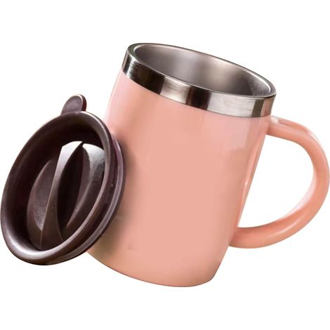Kaffeebecher aus Edelstahl 304 mit Deckel, rosa, 420 ml, stoßfest, ideal für Büro und Zuhause. (1/5)