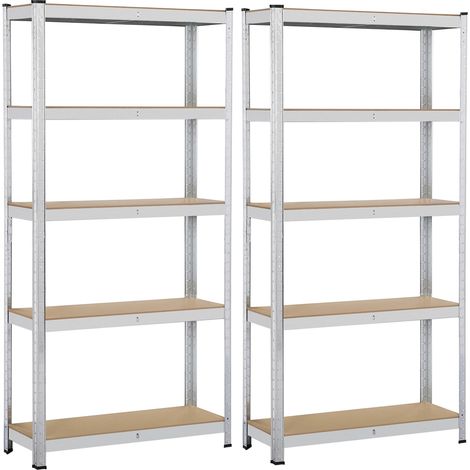 Yaheetech 2 x Scaffali/Scaffalature 180 x 90 x 30 cm Garage Magazzino Cucina in Acciaio Zincato e Legno MDF a 5 Ripiani Regolabili Carico Massimo per Ripiano 175 kg Argento