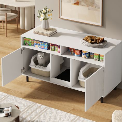 Mueble para arenero de gato 120x50x66 cm de aglomerado blanco con almacenaje – MEUBLIV (1/5)