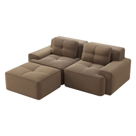Canapé L marron velours côtelé, assise profonde pouf et canapé-lit