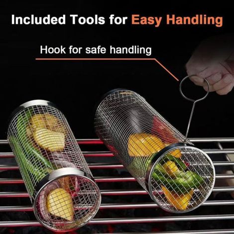 Lot de 2 paniers barbecue roulants en acier inoxydable 45 × 9,5 cm Avec poignées bois amovibles et crochets (1/4)