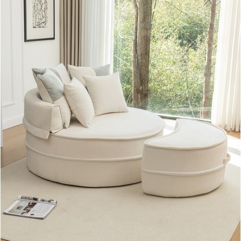Poltrona lounge rotonda con ottomana e 5 cuscini, senza montaggio, rivestimento in chenille, schiuma, beige (1/5)
