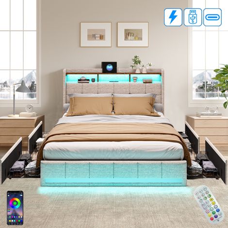 Bett 140x190 cm, 2 Plätze, mit 4 Schubladen, LED, Regale, USB-Klimaanlage, Holzlattenrost, Metallrahmen, gepolstertes Doppelbett aus Leinen – Beige