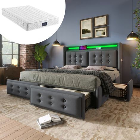 Cama matrimonio 140x200 con cajones y LED OKMYHOME (1/5)
