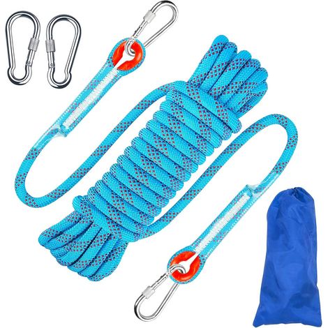 Corde d'escalade d'extérieur - 2 mousquetons - Corde haute résistance de 8 mm de diamètre - Corde de sécurité tressée en nylon - Longueur : 10 m - Pour la randonnée, les accessoires de sport et le cam (1/5)