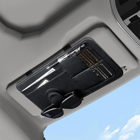 Lntyq Organiseur de pare-soleil de voiture Petit porte-carte en cuir synthétique pour visière, pochette de rangement, organiseur multi-poches pour pare-soleil de voiture, accessoires pour permis de (1/5)