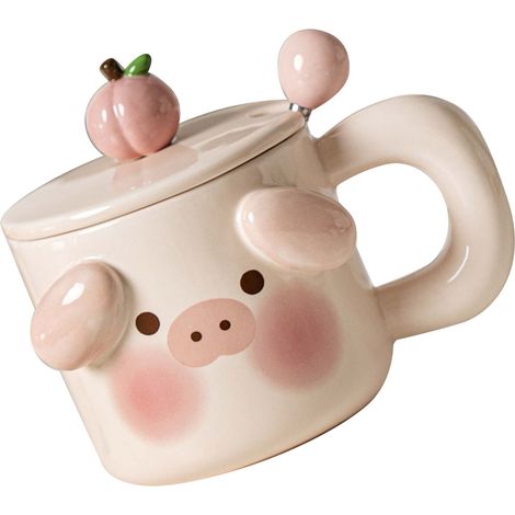 Kaffeebecher mit Cartoon-Motiv, Löffel und niedlichem, tierförmigem Deckel, Milchbecher für Büro oder Schule, in Schweinchenform (1/5)