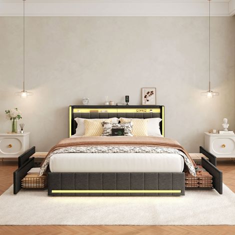 Comanlai - Lit coffre 160x200 cm, Lit double avec USB et Type-C, Lumière LED, Lit capitonné avec 4 tiroirs, Lit Adulte, Lin, Gris (160x200 cm) (1/5)