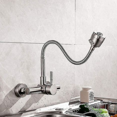 Robinet de cuisine mural en acier inoxydable 304, pivotant à 360°, avec flexible. (1/4)