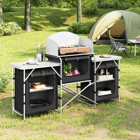 WOLTU Campingküche klappbar, Campingschrank mit Arbeitsplatten Staufächern, Reiseküche, Outdoor Küche inkl. Tragtasche, Aluminium MDF, für Camping Garten, Schwarz (1/5)