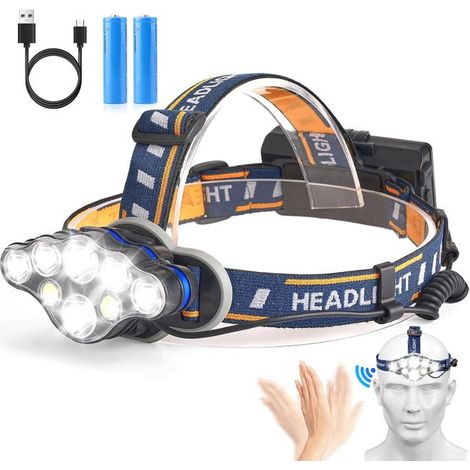Linterna frontal ultrabrillante de 8 LED, 8 modos, carga USB, resistente al agua, ideal para uso en exteriores. (1/4)