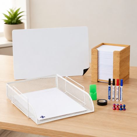 Juego organizador para oficina en casa (3 piezas): bandeja apilable para documentos, caja de bambú y lámina para pizarra blanca. (1/5)